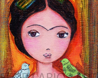 Frida with Birds - Print on Wood (5 x 7 inches) Folk Art  by FLOR LARIOS