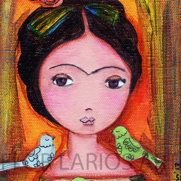 Frida with Birds - Print on Wood (5 x 7 inches) Folk Art  by FLOR LARIOS