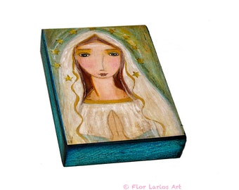 Virgin Mary  - First Communion - ACEO Giclee print mounted on Wood (2.5 x 3.5 inches) Folk Art  by FLOR LARIOS