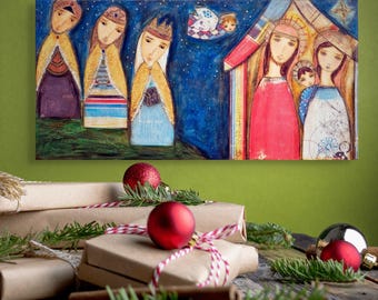Nativity with Wise Men - Folk Art Print on Wood (5 x 10 inches)