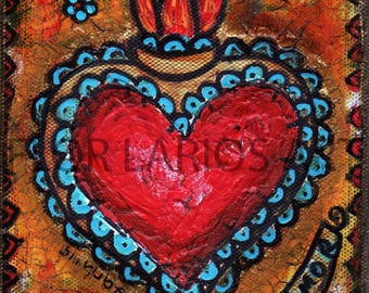 Heart Me - Print on Wood 5 x 7  Folk Art  by FLOR LARIOS