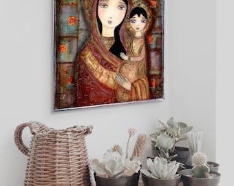 Mother  of Tenderness - Print on Wood (8 x 8 inches) Folk Art  by FLOR LARIOS