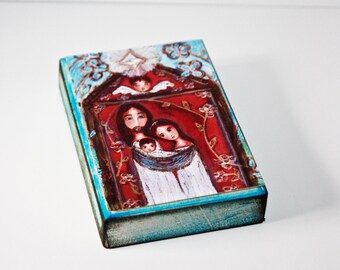 Nativity with Flowers -  Giclee print mounted on Wood (4 x 5 inches) Folk Art  by FLOR LARIOS