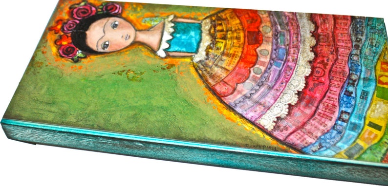 Giclee print mounted on Wood Frida Folk Art by FLOR LARIOS 5 x 10 inches