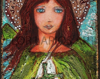 Saint Brigid of Ireland  - Print on Wood (4 x 5 inches) Folk Art  by FLOR LARIOS