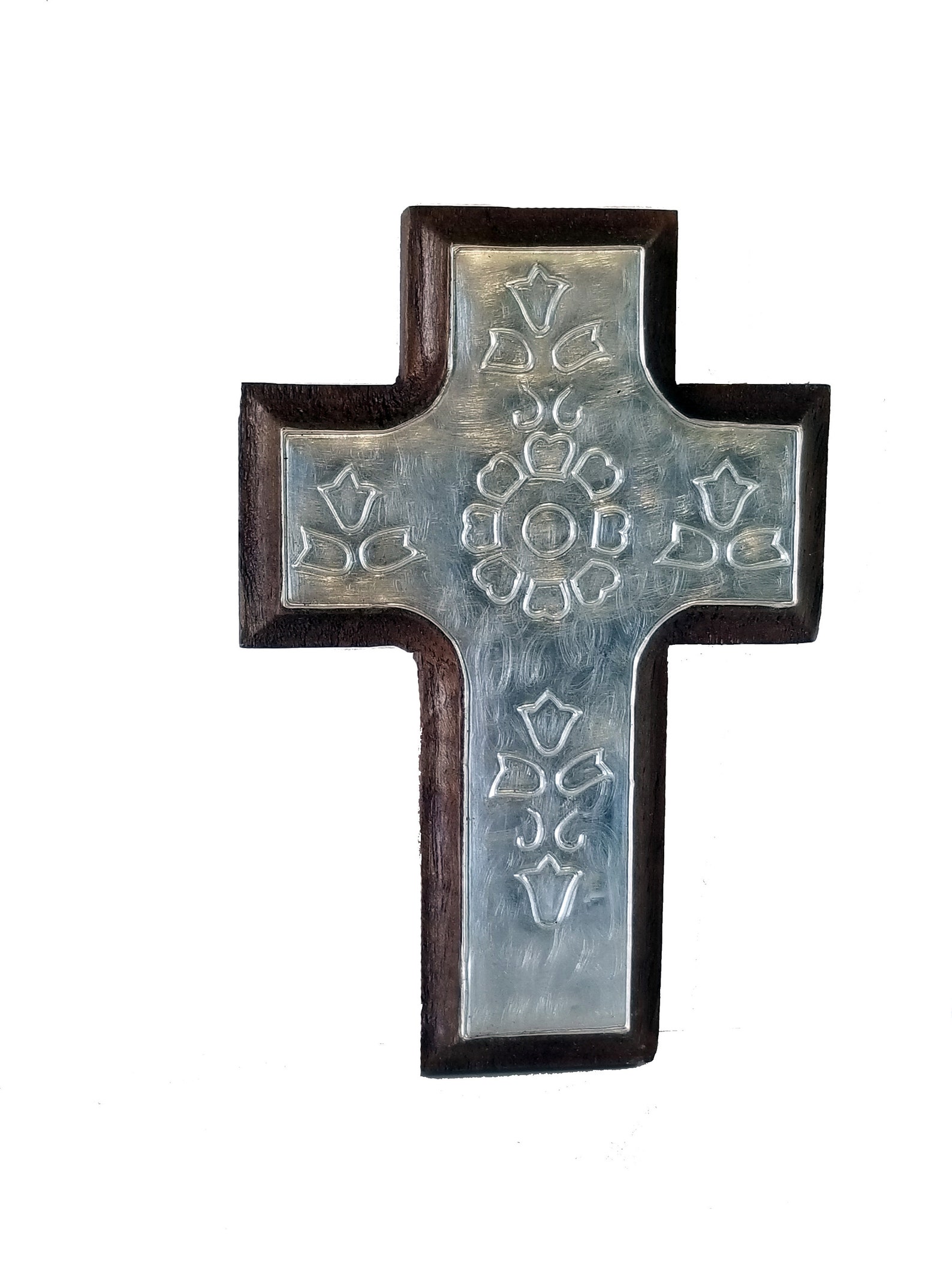 Vintage Small Wall Cross With Silver Tone Floral Designs on Wood Art by