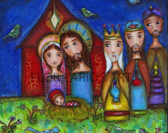 Nativity with Birds Print on Wood (8 x 8 inches) Folk Art  by FLOR LARIOS