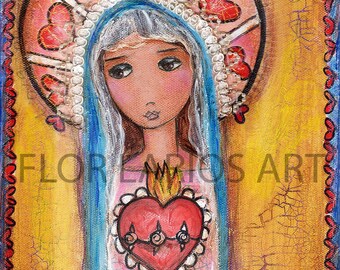 Mary and Her Sacred Heart Folk Art Print on Wood (4 x 5 inches)