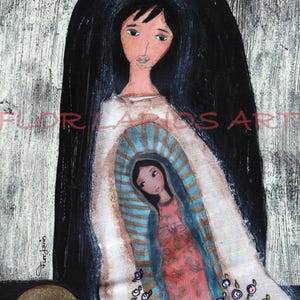 The Tilma of St. Juan Diego  Print  on Wood (5 x 7 inches) Folk Art  by FLOR LARIOS
