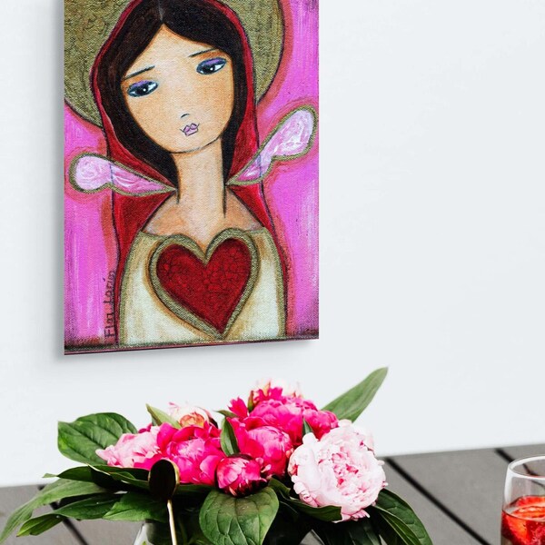 Heart of Gold- Print  on Wood 5 x 7 Folk Art  by FLOR LARIOS