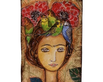 Frida with Parrots - Print on Wood (5 x 10 inches) Folk Art  by FLOR LARIOS