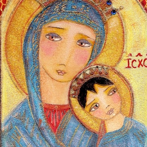 May include: An icon-style painting featuring a mother and child, both with halos. The mother wears a blue head covering and a crown with blue gems. The child also has a halo and wears a blue garment. The background is yellow with red accents.