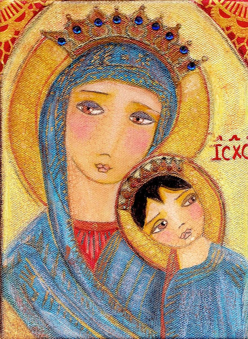 May include: An icon-style painting featuring a mother and child, both with halos. The mother wears a blue head covering and a crown with blue gems. The child also has a halo and wears a blue garment. The background is yellow with red accents.