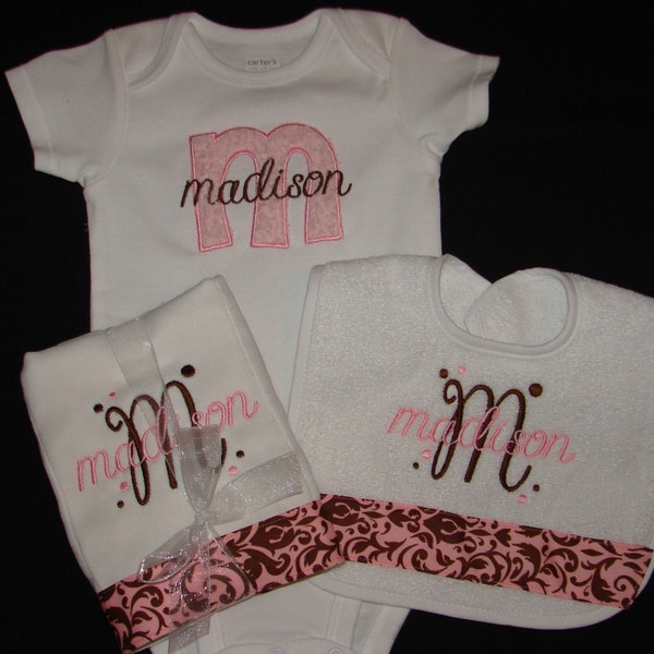 Appliqued Onesie, Bib and Burp Cloth Set