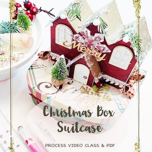 Tutorial de caja navideña, caja de maleta DIY, manualidades de papel, tutorial en video (PDF, descarga instantánea), patrón en PDF, clases de scrapbooking