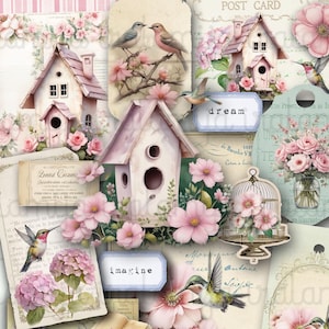 VOGELHAUS Junk-Journal Digitales Papier Vögel Journal Seiten Floral Tags Kolibri Digital Kit Vogelhaus-Papier Vintage Journal Iralamijashop