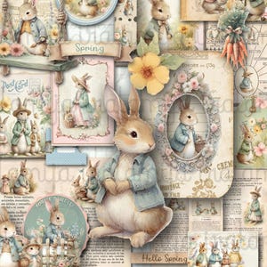 Op de afbeelding: Een collage van vintage illustraties met konijnen in pastelkleuren. De afbeeldingen bevatten konijnen in kleding, bloemaccenten en tekst met de tekst "Spring" en "Hello Spring". Het algemene thema is Pasen en de lente.