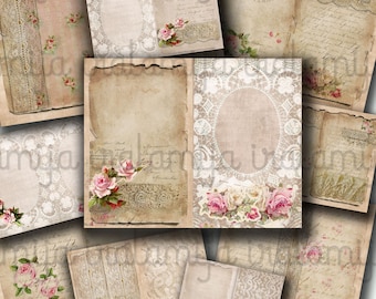 May include: A collage of vintage-style paper ephemera. The pieces feature aged paper textures, lace, floral accents, and handwritten script. Soft pink roses and delicate lace trim adorn several pieces, creating a romantic, antique aesthetic.
