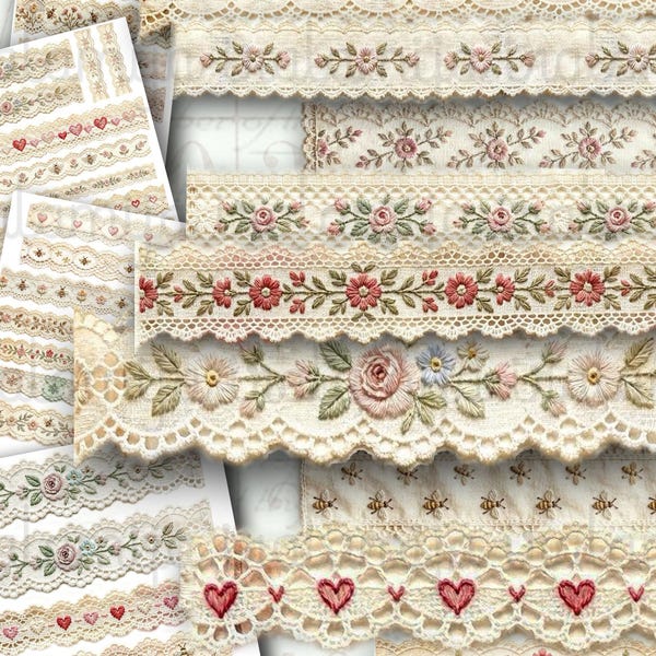 VINTAGE Lace EMBROIDERED Junk Journal Kit Vintage Ephemera Journal Trim Fussy Cut Digital Download Lace Strip Shabby Lace iralamijashop