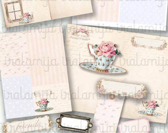 Tea Time No.2 afdrukbare download - Afdrukbaar papier - Shabby Digital Kit - Ephemera Roses - Junk Journal afdrukbaar digitaal papier - Shabby Paper