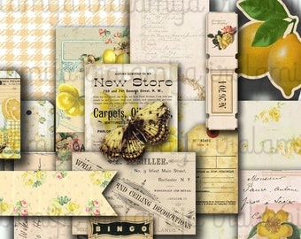 Junk Journal, VINTAGE YELLOW Kit / Journal, Pages, Floral, Vintage, Shabby, Backing, Yellow Ephemera, Floral, Printable, Digital Download