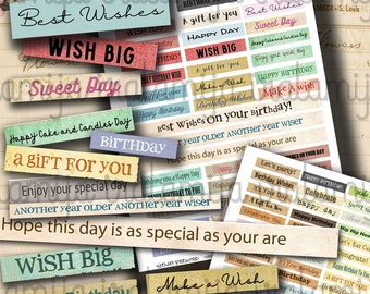 BIRTHDAY Sentiments, Digital download - Junk Journal - Kit, Messages, Greetings, Sayings, Words, Iralamijashop, Birthday, Vintage, Tag, Card