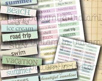 May include: A collection of colorful digital scrapbook paper with summer-themed words and phrases. The paper features words like "summer", "beach", "lazy days", "adventure", "swim", "vacation", "waves", "picnic", "dance in the sun", "ice cream", "road trip", "hello sunshine", "beautiful sunshine", "surfing", "summertime", "bloom + grow", "sunglasses", "travel", "breeze", "sand", "summer camp", "swimming pool", "day in the sun", "popsicles", "fun in the sun", "sand castle", "summer is in the air", and "summer vibes".
