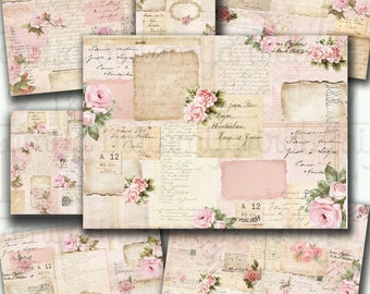 ROSE PATCHWORK Papers, Junk Journal, Pagina's, Bloemen, Vintage, Shabby, Backing, Roze, Script, Handschrift, Afdrukbaar, Digitale download, Papier