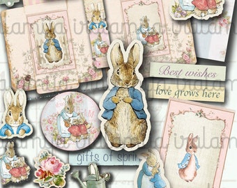 PETER RABBIT Junk Journal, Digital Papers, Envelopes, Journal Pages, Beatrix Potter, Floral, Shabby, Rabbit, Easter, Bunny, Digital Kit, Tag