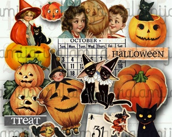 May include: A digital collage of vintage Halloween images, including pumpkins, black cats, witches, and a calendar with the date October 31st. The text "Halloween" and "Treat" are also included.