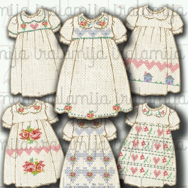 CROSS Stitch Dress, Digital DRESS, Digital Download, Vintage Floral Dresses, Printable Dress, Dress Fussy cut, printable dresses / Dresses