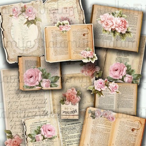 BOEKEN EN ROZEN, vintage boek afdrukbaar, digitale download, ongewenste dagboeken, pagina's, bloemen, oude boeken, digitaal papier, kieskeurig knippen, Iralamijashop