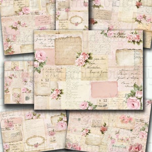 ROSE-PATCHWORK-papier, junkjournaal, pagina's, bloemen, vintage, armoedig, achterkant, roze, script, handschrift, afdrukbaar, digitale download, papier