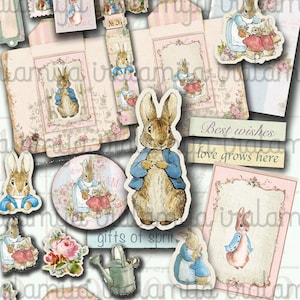 PETER RABBIT Junk Journal, carte digitali, buste, pagine del diario, Beatrix Potter, floreale, shabby, coniglio, pasqua, coniglietto, kit digitale, tag