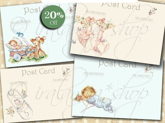 BaBY POST CARDS Digital Images -printable download file/Digital Collage Sheet/Vintage Paper Scrapbook/Baby Tags/Baby/ Newborn/ Cards