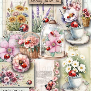 Coccinelle Junk Journal Pages de journal papier numérique Kit numérique de jardin floral découpé Coccinelle fleur rouge journal de jardin vintage Iralamijashop
