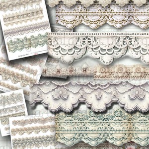 May include: Assortment of vintage lace designs in various styles and colors, including white, cream, and muted greens. The image showcases detailed patterns and textures, perfect for crafting and design projects. Some designs are printed on paper.