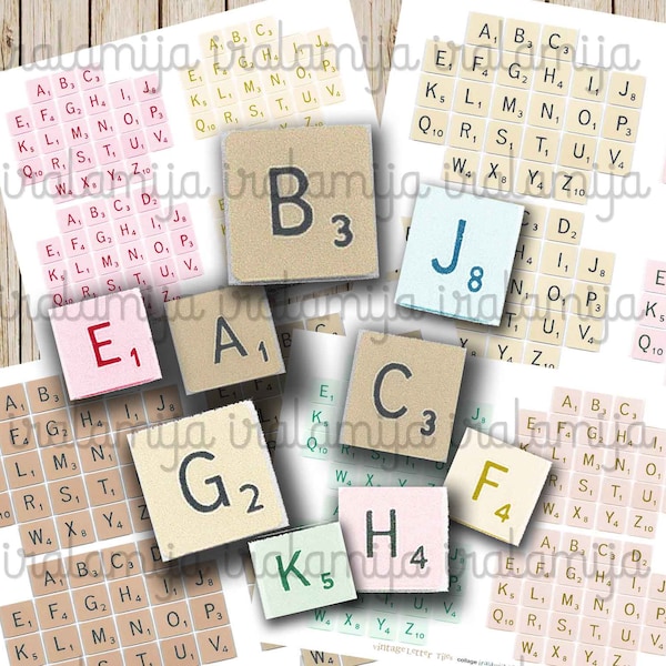 Scrabble Buchstaben, digitaler Download, Alphabet, Fussy Schnitt, Junk Journal Kit, Clipart, Druckbare Download, druckbare Buchstaben, A- Z Wörter