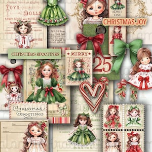 May include: A collage of vintage Christmas-themed ephemera featuring illustrations of dolls in festive dresses, bows, and holly. Text includes "Christmas Greetings," "Christmas Joy," and "Merry." The color palette is dominated by red, green, and cream.