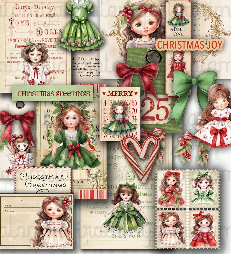 May include: A collage of vintage Christmas-themed ephemera featuring illustrations of dolls in festive dresses, bows, and holly. Text includes "Christmas Greetings," "Christmas Joy," and "Merry." The color palette is dominated by red, green, and cream.