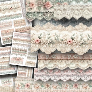 Può includere: Una collezione di vari bordi in pizzo dai colori pastello tenui. I bordi presentano disegni floreali e di foglie, con rose rosa e crema e altri fiori. Il pizzo ha un'estetica delicata e vintage, adatta per lavori artigianali e abbellimenti.