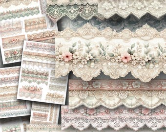 May include: A collection of various lace trims in soft pastel colors. The trims feature floral and leaf designs, with pink and cream-colored roses and other flowers. The lace has a delicate, vintage aesthetic, suitable for crafts and embellishments.