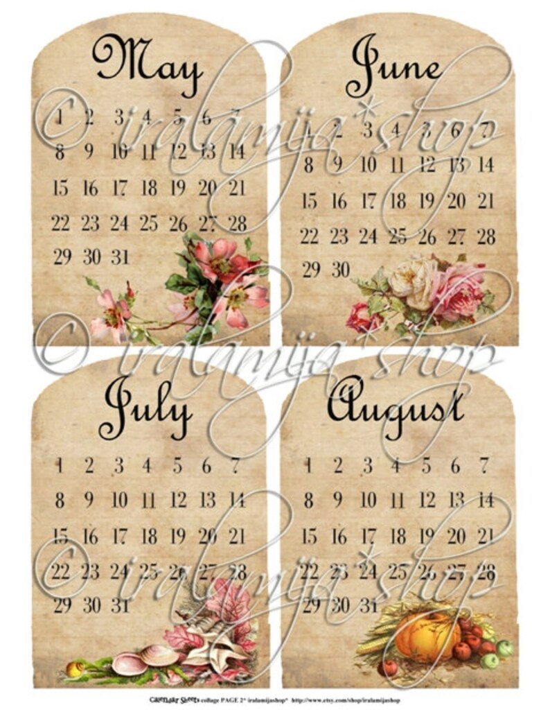 Printable Calendar / CALENDaR SHEETS / Printable Digital Images printable download / Vintage Style Calendar / Printable Old Calendar image 3