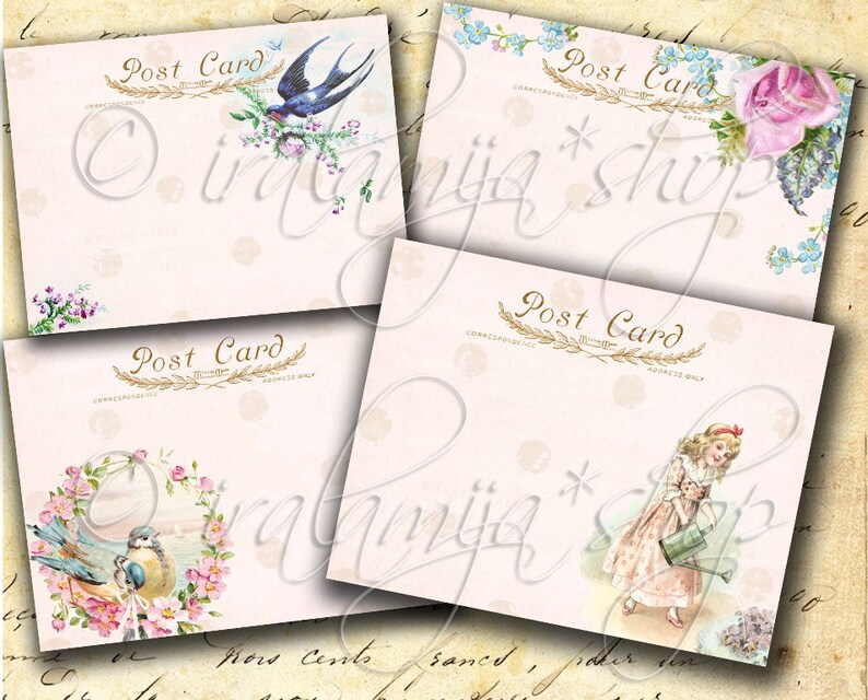 May include: Four vintage-style postcard templates with floral and bird illustrations. Each card features the text "Post Card" in a decorative font.