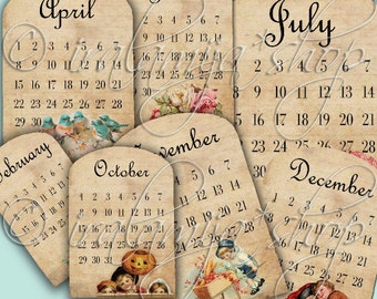 Calendario imprimible / HOJAS DE CALENDaR / Imágenes digitales imprimibles -descarga imprimible / Calendario estilo vintage / Calendario antiguo imprimible