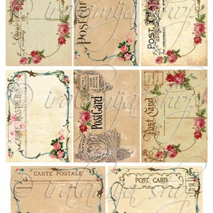 May include: Nine vintage postcard designs with ornate borders and floral accents. The postcards are in shades of brown, blue, and pink. The text on the postcards reads "Post Card", "Carte Postale", and "PostGard".