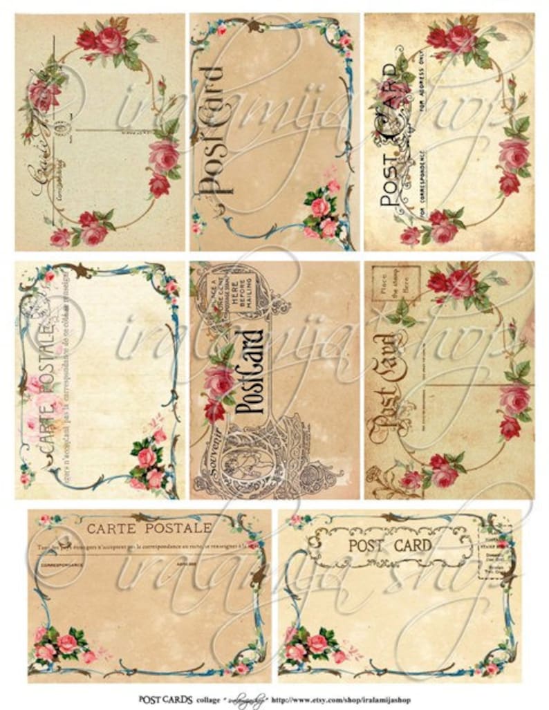 May include: Nine vintage postcard designs with ornate borders and floral accents. The postcards are in shades of brown, blue, and pink. The text on the postcards reads "Post Card", "Carte Postale", and "PostGard".