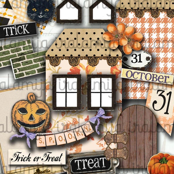 HALLOWEEN LITTLE HoUSE, Digital Download, Vintage House, Junk Journal, Shabby House, Doll House Images, Vintage Paper, Ephemera, Paper House