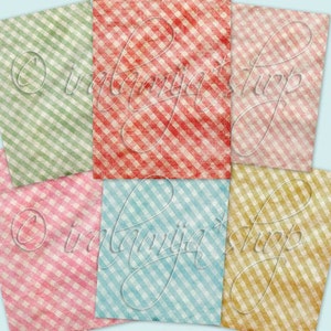 May include: Set of 6 digital paper patterns featuring a gingham design in various colors, including green, red, pink, blue, and yellow. The patterns have a vintage, distressed look.