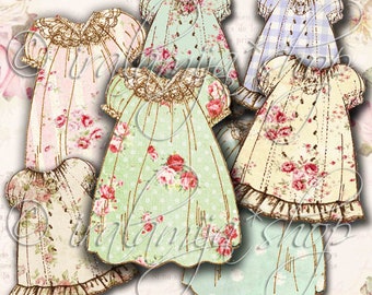 May include: Six vintage-style doll dresses with floral patterns. The dresses are in shades of pink, green, yellow, and blue. Each dress has a lace trim and a ruffled hem.
